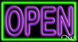 Double Stroke Purple Open With Green Border LED Neon Sign