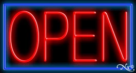 Red Border With Blue Open LED Neon Sign