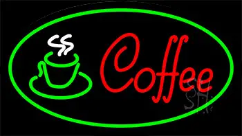 Red Coffee Logo With Green Border Neon Sign