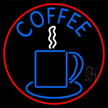 Blue Coffee Cup With Red Circle Neon Sign