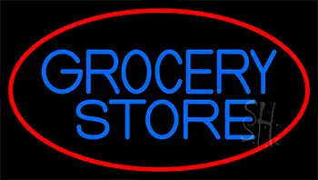 Blue Grocery Store With Red Neon Sign