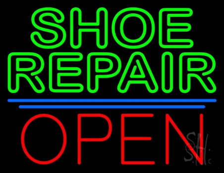 Double Stroke Green Shoe Repair Open Neon Sign