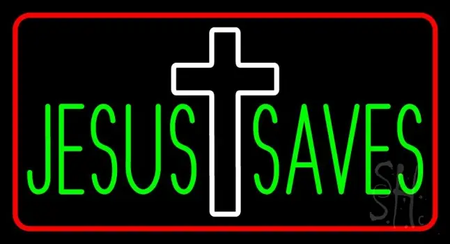Jesus Saves White Cross Red Border Neon Sign