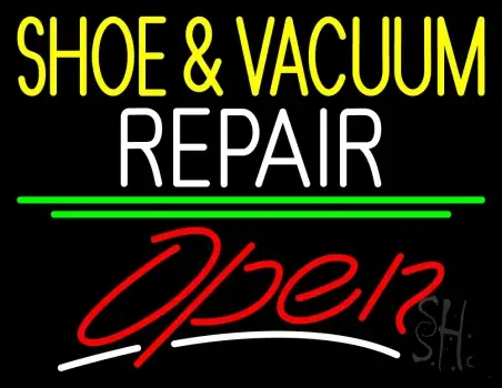 Yellow Shoe And Vacuum White Repair Open Neon Sign