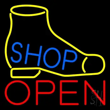 Yellow Shoe Blue Shop Open Neon Sign