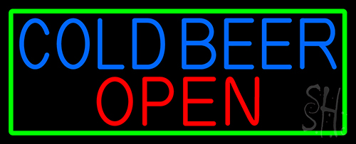 Cold Beer Open With Green Border Neon Sign