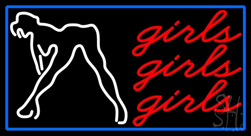 Red Girls Girls Girls Strip Club With Blue Border Neon Sign