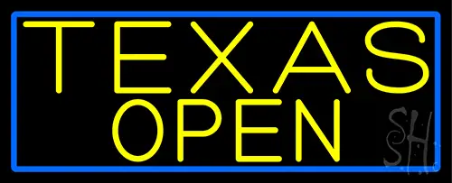Yellow Texas Open With Blue Border Neon Sign