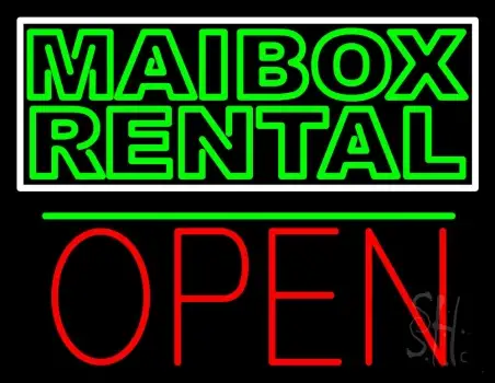 Green Mailbox Rental Block With Open 1 Neon Sign