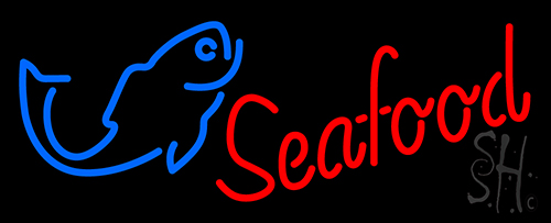 Seafood In Red With Fish Neon Sign