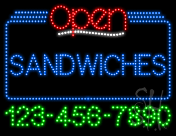 Sandwiches Open with Phone Number Animated LED Sign