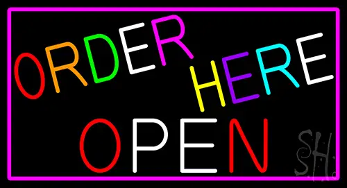 Order Here Open With Pink Border LED Neon Sign