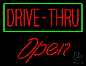 Drive-Thru with Green Border Open LED Neon Sign