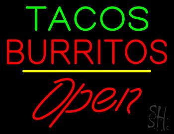 Tacos Burritos Open Yellow Line LED Neon Sign