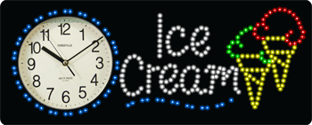 Ice Cream w/ Clock Animated LED Sign