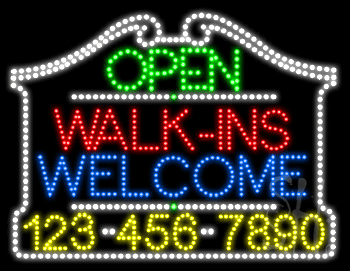 Walk-Ins Welcome Open with Phone Number Animated LED Sign