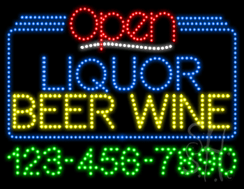 Liquor Beer Wine Open with Phone Number Animated LED Sign