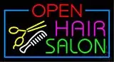 Green Open Hair Salon with Blue Border LED Neon Sign