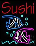 Red Sushi with Fish Logo Below LED Neon Sign