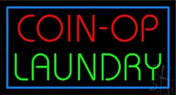 Yellow Coin Op Laundry Blue Border LED Neon Sign