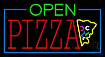 Open Double Stroke Pizza with Blue Border LED Neon Sign