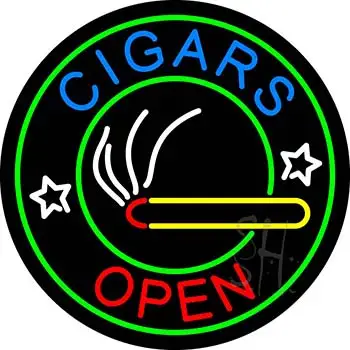 Green Round Cigars Open LED Neon Sign