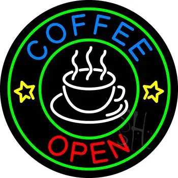 Round Red Coffee Open Yellow LED Neon Sign
