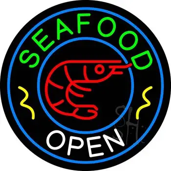 Round Green Seafood Open LED Neon Sign