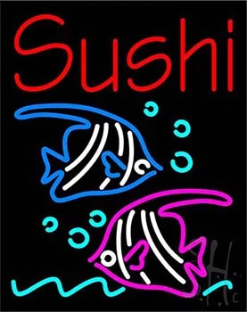Red Sushi with Fish Logo Below LED Neon Sign