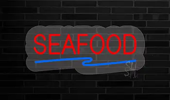 Red Seafood with Blue Line Contoured Clear Backing LED Neon Sign
