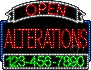 Alterations Open with Phone Number Animated LED Sign