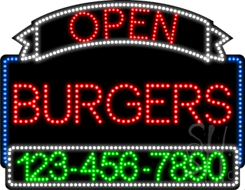 Burgers Open with Phone Number Animated LED Sign