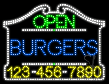 Burgers Open with Phone Number Animated LED Sign