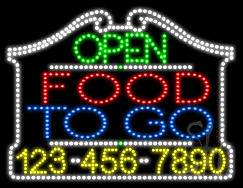 Food To Go Open with Phone Number Animated LED Sign