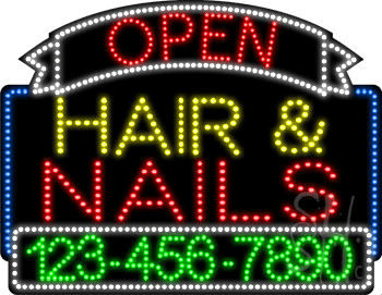 Hair and Nails Open with Phone Number Animated LED Sign