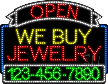 We Buy Jewelry Open with Phone Number Animated LED Sign