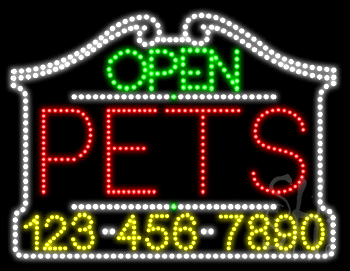 Pets Open with Phone Number Animated LED Sign