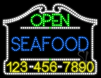Seafood Open with Phone Number Animated LED Sign