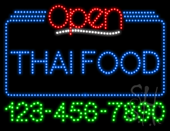 Thai Food Open with Phone Number Animated LED Sign