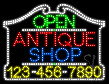 Antique Shop Open with Phone Number Animated LED Sign