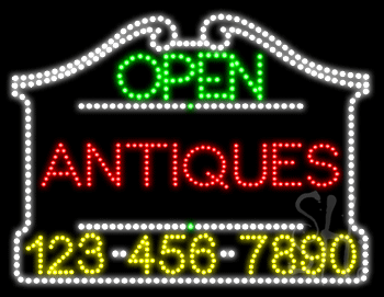 Antiques Open with Phone Number Animated LED Sign