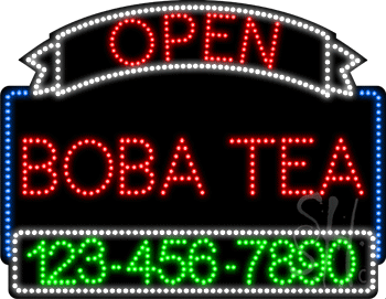 Boba Tea Open with Phone Number Animated LED Sign
