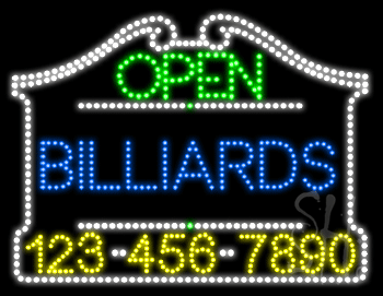 Billiards Open with Phone Number Animated LED Sign