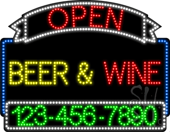 Beer Wine Open with Phone Number Animated LED Sign