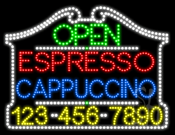 Espresso Cappuccino Open with Phone Number Animated LED Sign