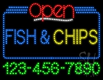 Fish Chips Open with Phone Number Animated LED Sign