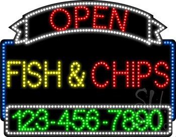 Fish Chips Open with Phone Number Animated LED Sign