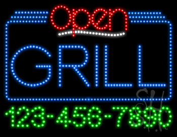 Grill Open with Phone Number Animated LED Sign