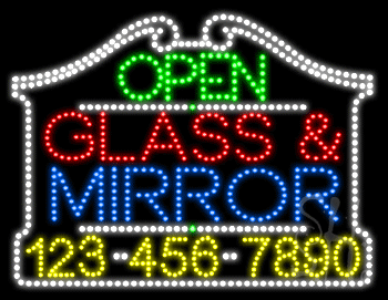 Glass Mirror Open with Phone Number Animated LED Sign