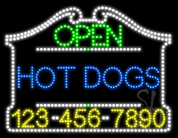 Hot Dogs Open with Phone Number Animated LED Sign